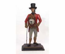 Painted base metal novelty timepiece modelled in the form of a clock seller wearing a top hat and