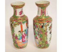 Pair of famille rose Cantonese vases together with a further grey ground Oriental vase, largest