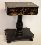 Oriental lacquered sewing box on stand, with lift up lid with compartmentalised interior and