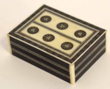 Small Indian ebony and bone inlaid storage box with repeating lozenge centre and bone banding to