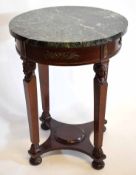 Early 20th century mahogany Empire style circular side table with circular marble top on four legs