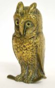 Victorian brass owl inkwell with glass eyes and hinged lid, 14cms tall
