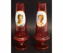 Pair of ruby vases with panels of ladies in Bohemian style, 21cms high