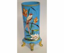 Late 19th century Minton style blue glass vase on four feet, the vase finely decorated with birds