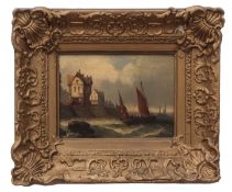 Attributed To Alfred Montague, oil on panel, Coastal scene with shipping off a harbour, 15 x 19cms