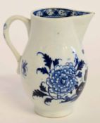 Lowestoft sparrowbeak creamer, circa 1770, of elongated form, decorated in underglaze blue with a