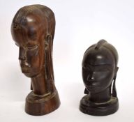 Two African hardwood carved heads, tallest 20cms