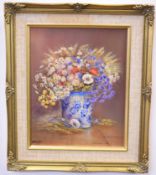 James Allen oil on board, Blue vase of flowers, signed lower left, 19cms x 24cms tall