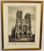 George P James, signed in pencil to margin, black and white etching, "Rheims Cathedral", 39 x 29cms