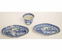 Chinese blue and white beaker together with two small Chinese spoon trays with a blue and white