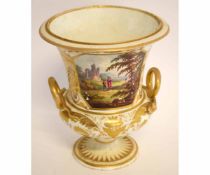 19th century Derby vase with two loop handles, the campana shape decorated with a scenic view, the
