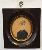 19th century portrait miniature, half-length portrait of a lady wearing white bonnet, 9 x 8cms