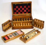 Oak cased games compendium with brass plaque stating The Royal Cabinet of Games with fitted chess