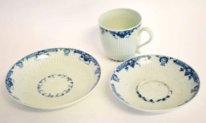 Worcester Trembleuse cup and saucer with further saucer, the reeded body bordered with a blue ground
