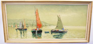 Gomez Martins, signed oil on canvas, Continental fishing boats off a coast, 44 x 98cms