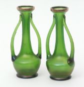 Pair of early 20th century two-handled spill vases applied with hallmarked silver rims, plain