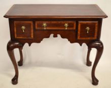 18th century style oak and satinwood banded lowboy fitted with three drawers with brass droplet