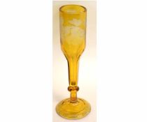 Large Bohemian glass goblet etched with a panel of foliage on an amber ground, 37cms high