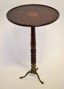 19th century mahogany circular and satinwood inlaid top wine table with turned column with a