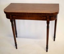 19th century walnut fold-over card table with green baize lined interior, with satinwood stringing