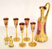 Set of glasses and ewer decorated in Bohemian style, the pink ground glass with ornate gold coloured