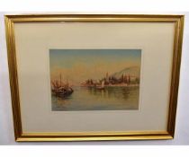 J Da Castro, signed watercolour, Italianate coastal scene, 25 x 35cms