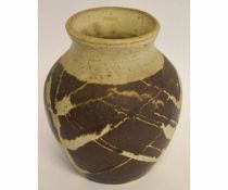 Studio Pottery vase in a two-tone brown and buff body with indistinct seal mark to base, 20cms high