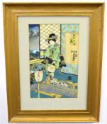 Japanese School woodblock, Figures and cockerel, 36 x 25cms together with one other (2)