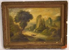 19th century English School oil on tin, Figures in a rowing boat by a ruined castle, 20 x 30cms