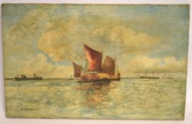 G Marshall, signed oil on canvas, Barges at Sea, 36 x 56cms, unframed (a/f)