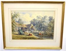 Henry Earp Snr, signed watercolour, Farmstead with animals and figure and horse watering, 34 x 50cms