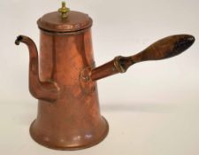 19th century copper chocolate pot with brass finial to lid and turned handle, 24cms tall