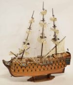 Mahogany framed scratch-built model of a multi-gunned ship (possibly The Mary Rose) with three masts
