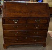 George II mahogany drop fronted bureau fitted with two over three full width drawers with brass swan