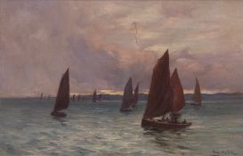 Joe Milne, oil on canvas, signed lower right, Seascape with fishing boats, 30 x 45cms