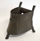 Oriental bronze three-footed censer type vase on shaped bronze bamboo style feet with an open handle