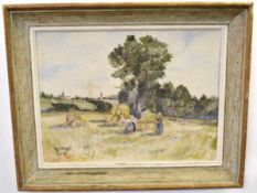 Louis Ferrari, signed and dated 4/7/56, oil on canvas, French hay field with workers, 45 x 60cms