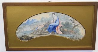 19th century Continental school watercolour, Mother and cherub in a landscape, 9 x 26cms