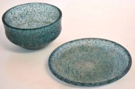 Studio glass bowl and cover with speckled green decoration, the base of both pieces incised Hadeland