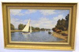 A H Thirtle, signed oil on board, River scene with sailing boats, 35 x 60cms
