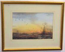 Simon Trinder, signed watercolour, Birds in flight over a Norfolk sunset, 20 x 32cms