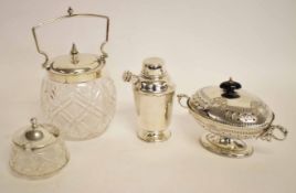 Silver plated and cut glass biscuit barrel with swing handle, together with a further cut glass