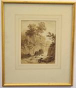 Attributed to George Jessup, sepia watercolour, Figure and dog on stick bridge over a rocky river,