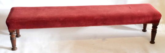 Victorian mahogany framed large stool or window seat with red Dralon upholstered top, supported on