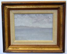 Peter John Garrard, monogrammed oil on board, "Sea and Arran", 13 x 19cms