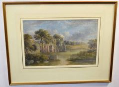 19th century English School watercolour, Landscape with ruined abbey, 23 x 35cms