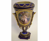 Continental porcelain Sevres style vase, decorated with two panels, one painted with a scene of