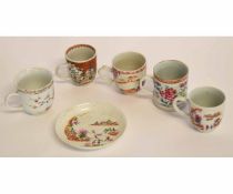 Collection of 18th century Chinese cups decorated in famille rose style, one cup and saucer with the