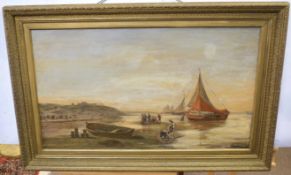 After H Eschke, oil over print base, Coastal scene with fisher folk and boats, 54 x 92cms