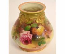 Royal Worcester jar (cover lacking), decorated in typical fashion with painted roses, green ground